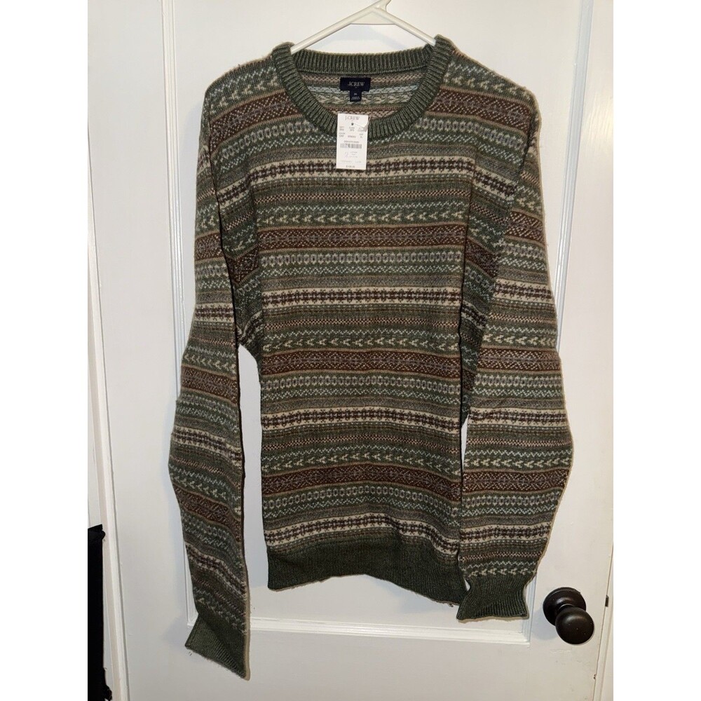 J. Crew New Fair Isle Green/Brown Lambswool Blend Crewneck Sweater Mens XL